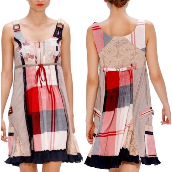 Desigual Dress Medium Patchwork Babydoll Jumper Cottage Crochet Boho Overalls - Picture 1 of 17